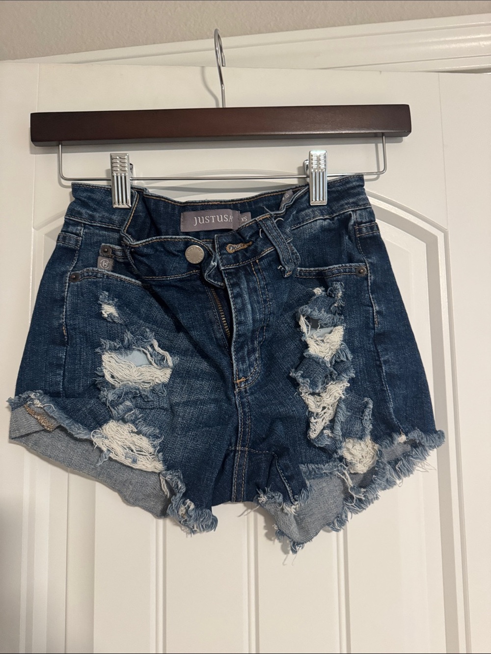Just USA Distressed Dark Blue Denim Cutoff Shorts